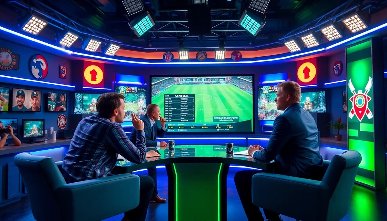 Engaging hosts in a sports broadcasting studio conveying excitement with live game updates.