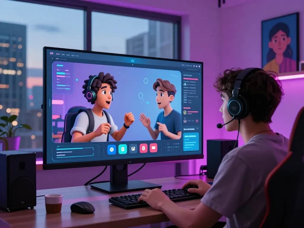 Person interacting with crushon AI character on a vibrant digital screen in a modern workspace.