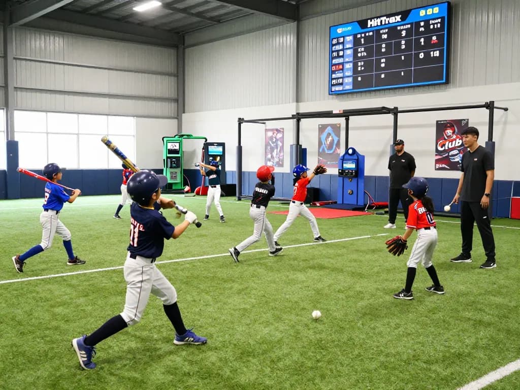 Hit Club baseball training session with young athletes actively practicing, showcasing teamwork and high-tech performance analytics.