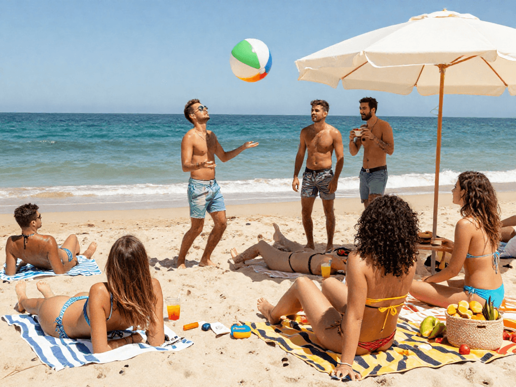 Group of friends enjoying a beach day in stylish BIKINISLOT swimwear, with colorful beach props and a sunny atmosphere.