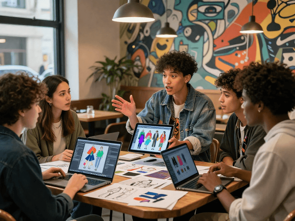 Group showcasing innovative ai slut fashion designs in urban café