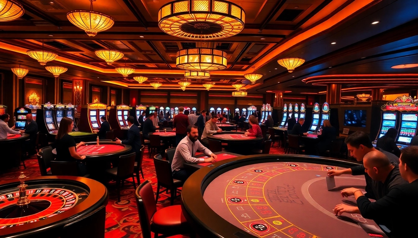 SODO66 casino scene with players at tables enjoying poker and roulette in a vibrant atmosphere.