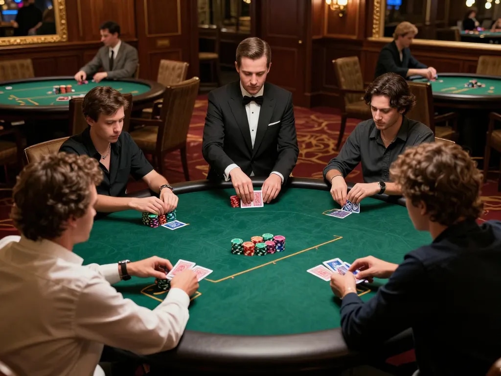 Players at a professional poker game in a casino engaging intensely, showcasing the thrilling atmosphere of 58win.