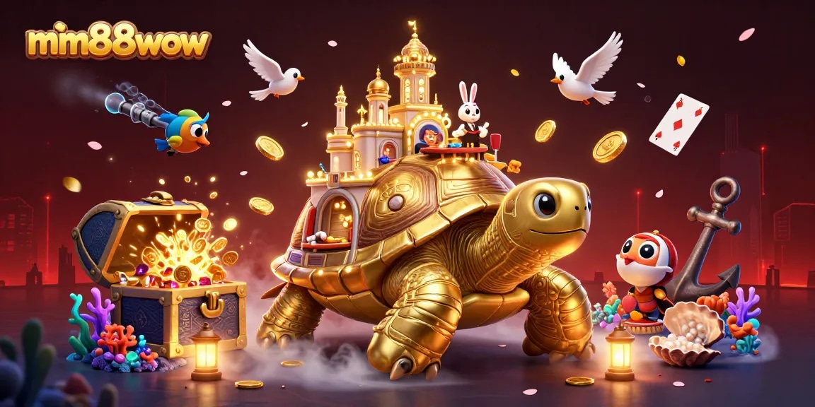 Experience mm88wow with a vibrant casino scene featuring a golden tortoise and a rabbit dealer.