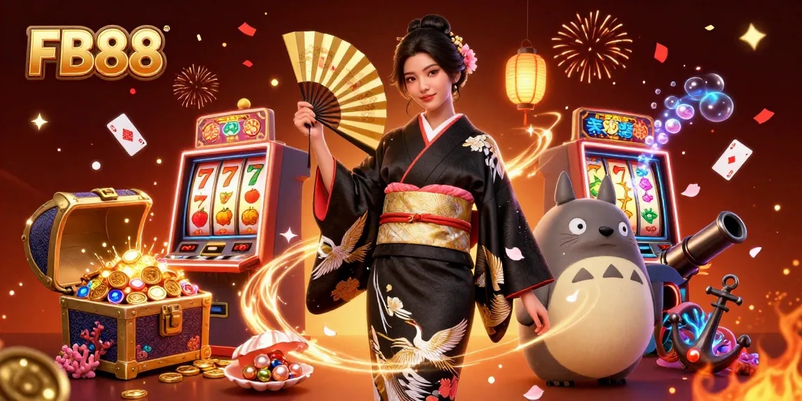 Engage with FB88's dynamic casino world, featuring a Japanese woman and a wise tanuki amidst winning slot games.