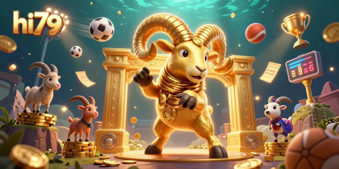 Witness the hi79 casino excitement with a charging golden ram amidst a dynamic gambling scene.
