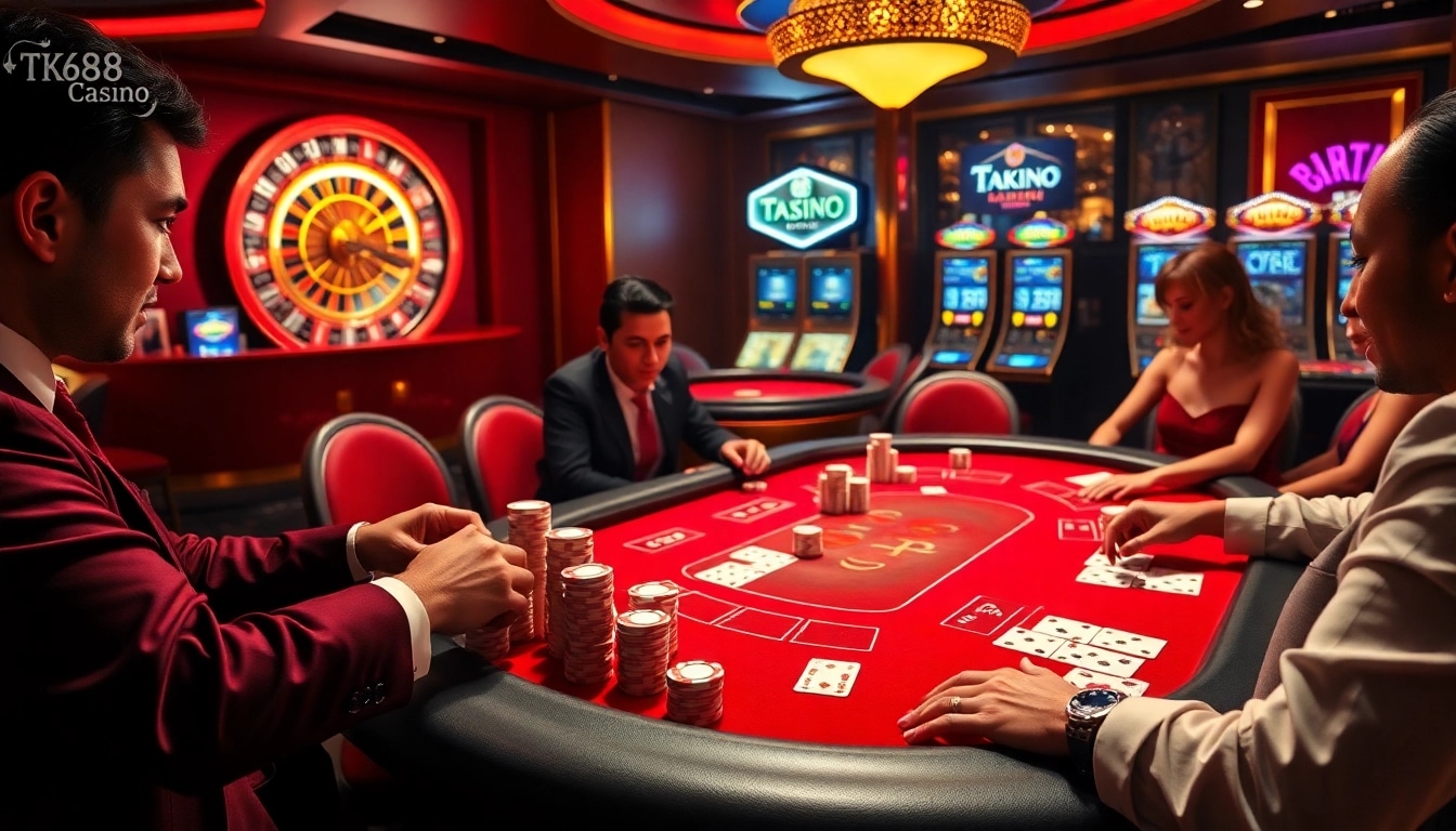 Engaged players at TK88 Casino's vibrant poker table, showcasing excitement and luxury.