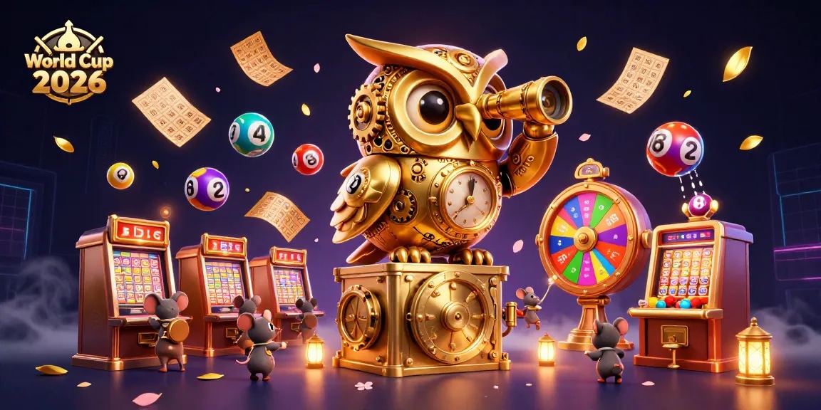 Engage in World Cup 2026-inspired gaming with dynamic visuals of a gold owl, lottery elements, and vibrant gaming themes.