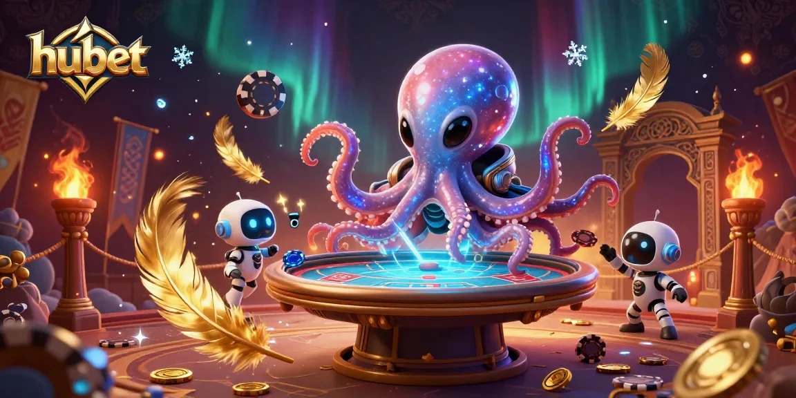 Join the hubet gaming adventure with an alien octopus and a robot at a poker table!
