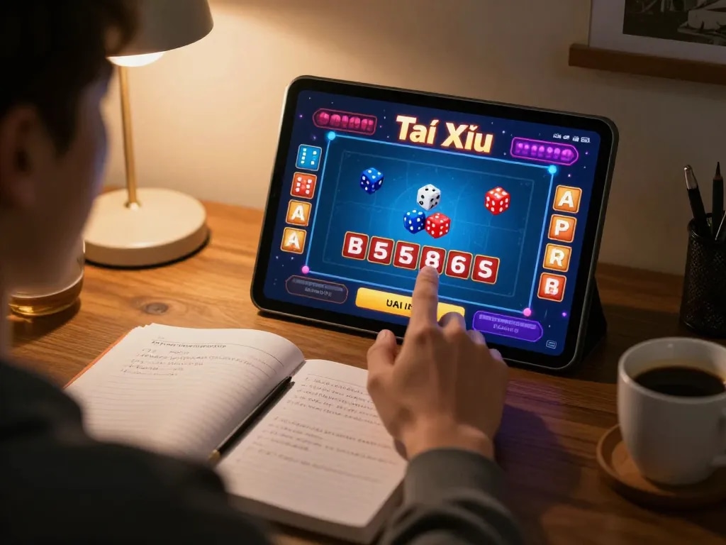 Player engaging in Tài Xỉu online at home, showcasing the exciting interface of taixiuonlinego app.