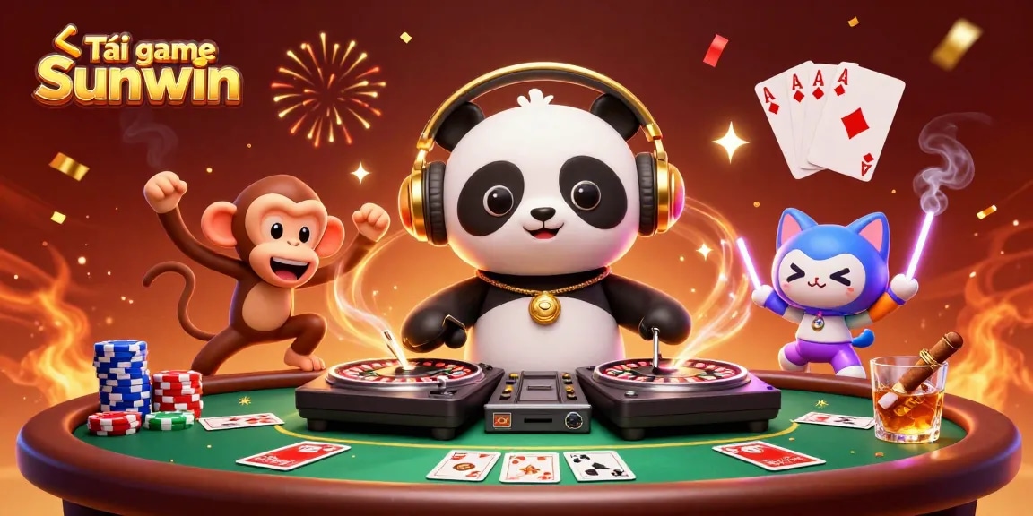 Tải game Sunwin and win big with exciting characters in a vibrant casino scene filled with poker elements.