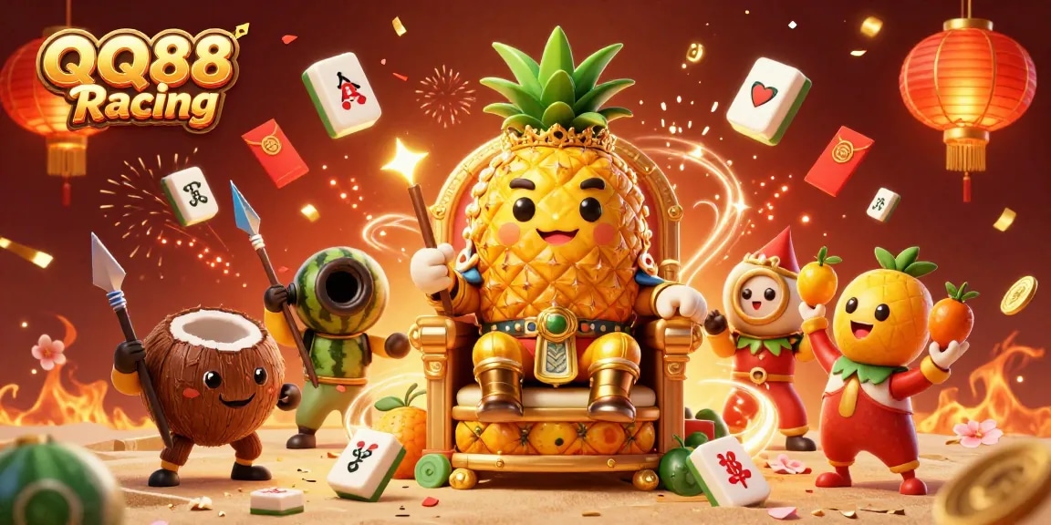 Engage with QQ88 Racing through an enchanting casino illustration featuring a vibrant beach scene and dynamic characters.