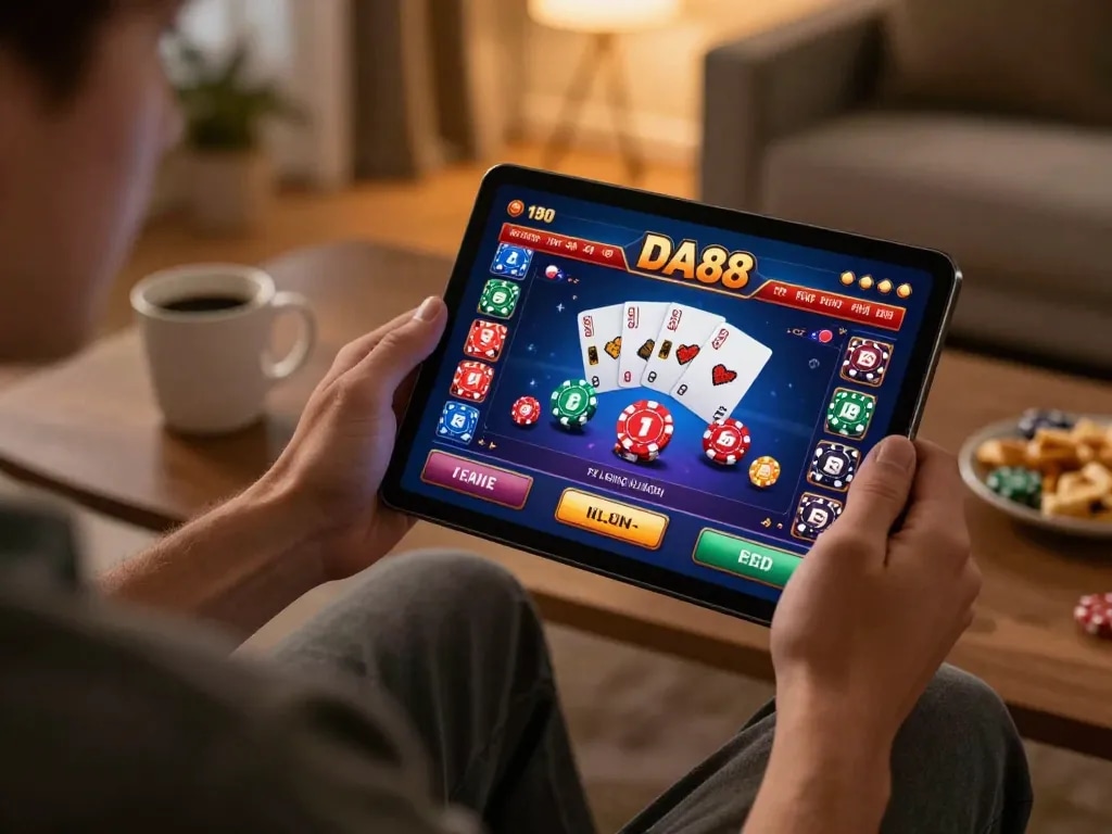 Player enjoying a DA88 online game on tablet, showcasing engagement and strategy in home gaming.