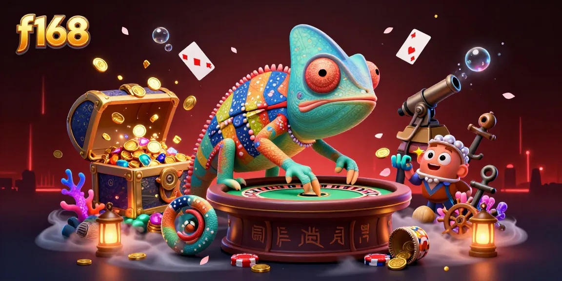 Experience the thrilling world of f168 with the colorful chameleon owner, vibrant casino games, and fortune-rich treasures.