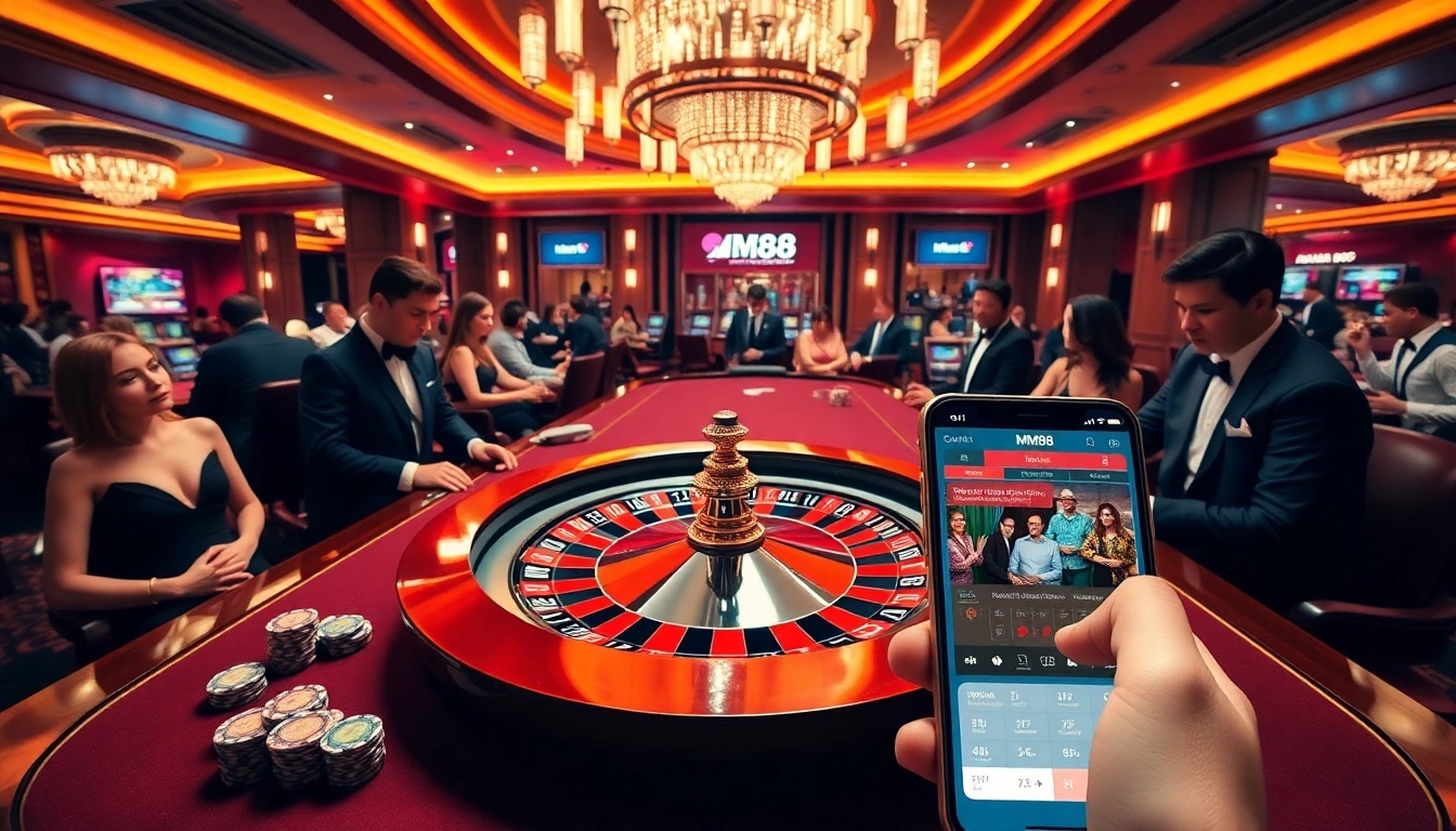 Gamblers enjoying the excitement of MM88 in a luxurious casino setting with roulette and poker.