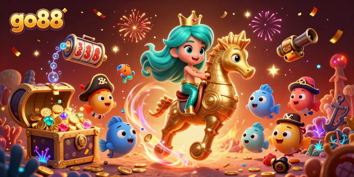 Experience the excitement of go88 with a vibrant 3D mermaid princess and casino elements underwater.