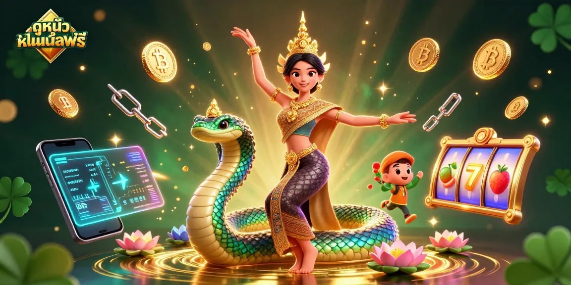 Engage with ดูหนังออนไลน์ฟรี featuring a stunning Thai dancer and Naga serpent in a vibrant casino scene.