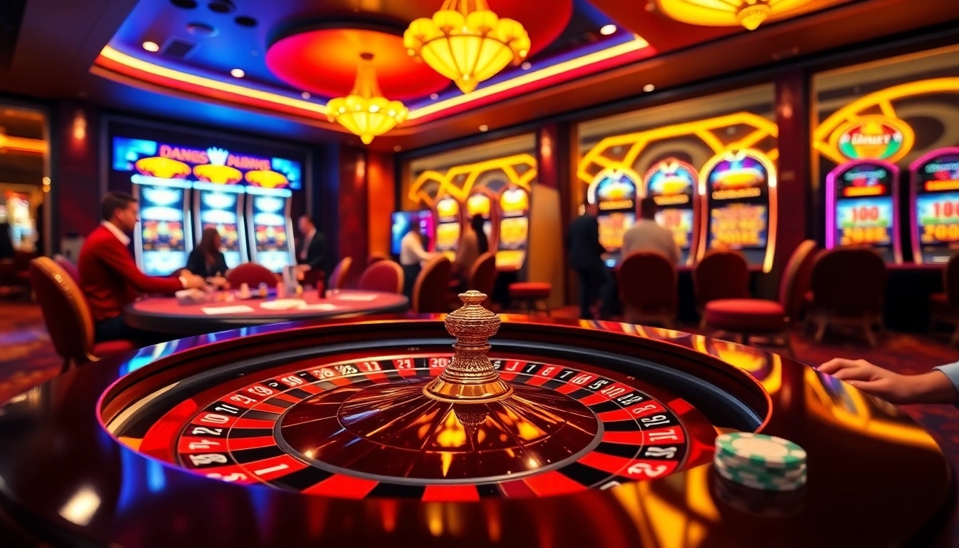 Dabet online casino scene showcasing vibrant betting action with casino tables and slot machines.