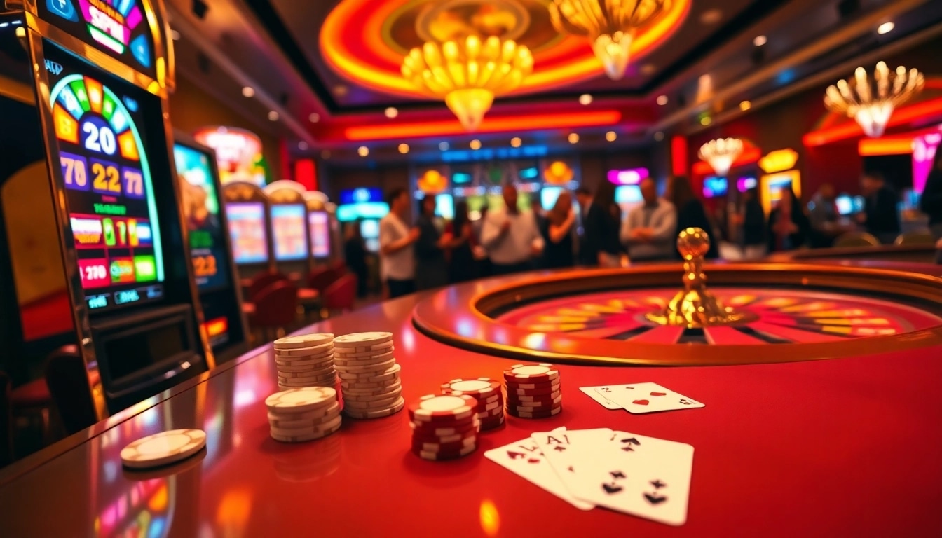 Players experiencing excitement at Nohu90's vibrant casino, featuring slot machines and poker tables.
