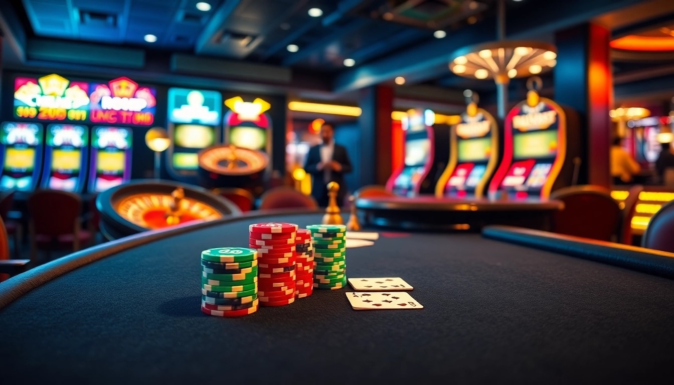 Exciting game action at 68VIP casino with poker chips, cards, and roulette wheel in a vibrant setting.