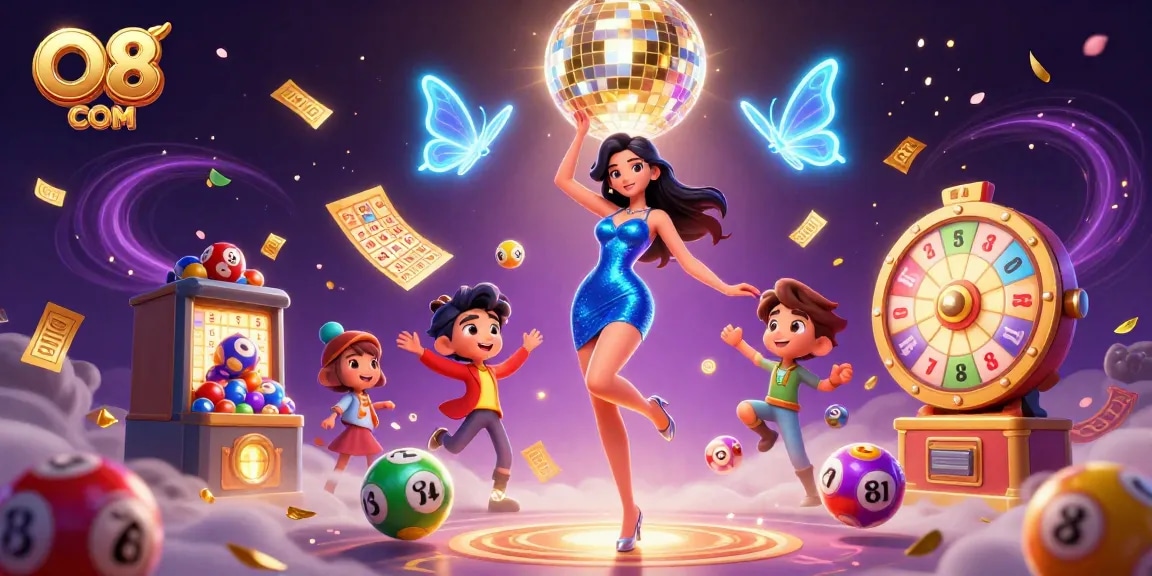 Win big with O8 COM in a vibrant digital casino scene filled with golden tickets and lottery excitement.