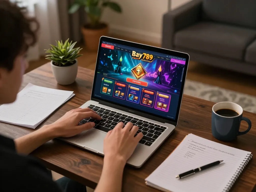 Engage with Bay789 online gaming session at home, showcasing casino game interface and comfortable atmosphere