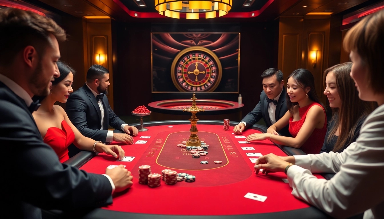 Players enjoying a thrilling poker game at NK88 casino, showcasing excitement and luxury in gaming.