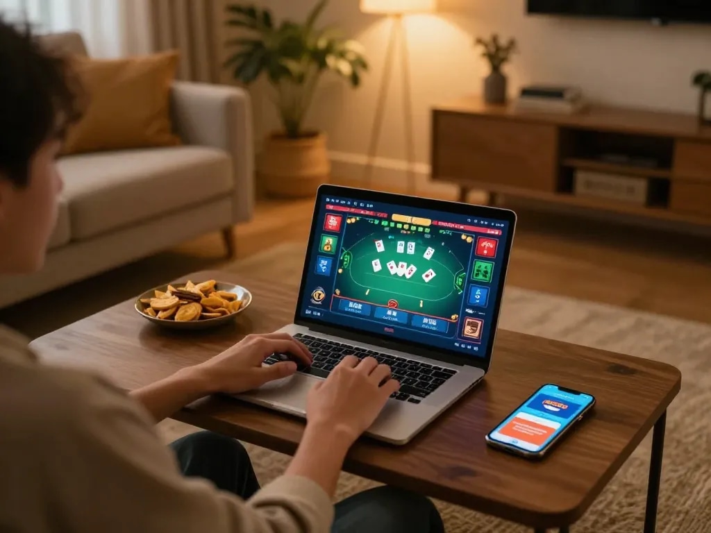 Engaging online poker game shown on https://mm88.se.net/ laptop, cozy home setting with snacks.