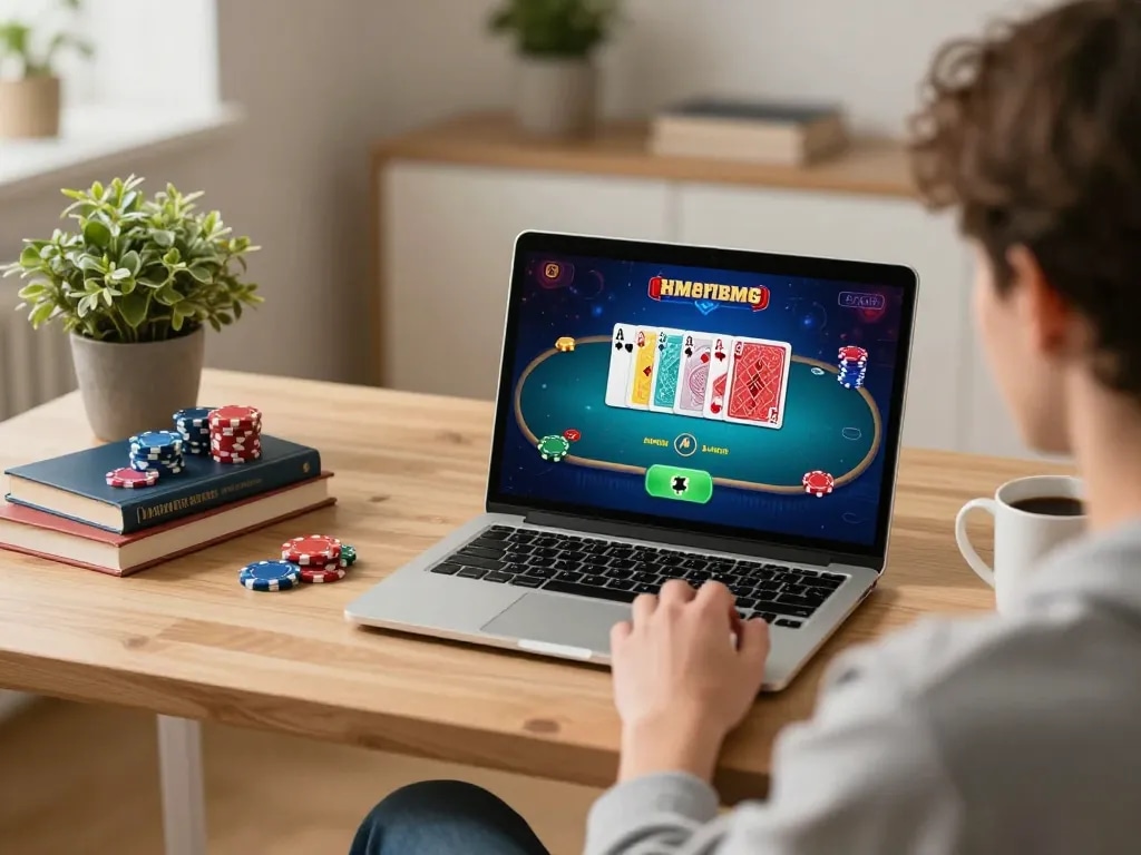 Engaging in online poker at home with bong88, showcasing vibrant gaming action on laptop.