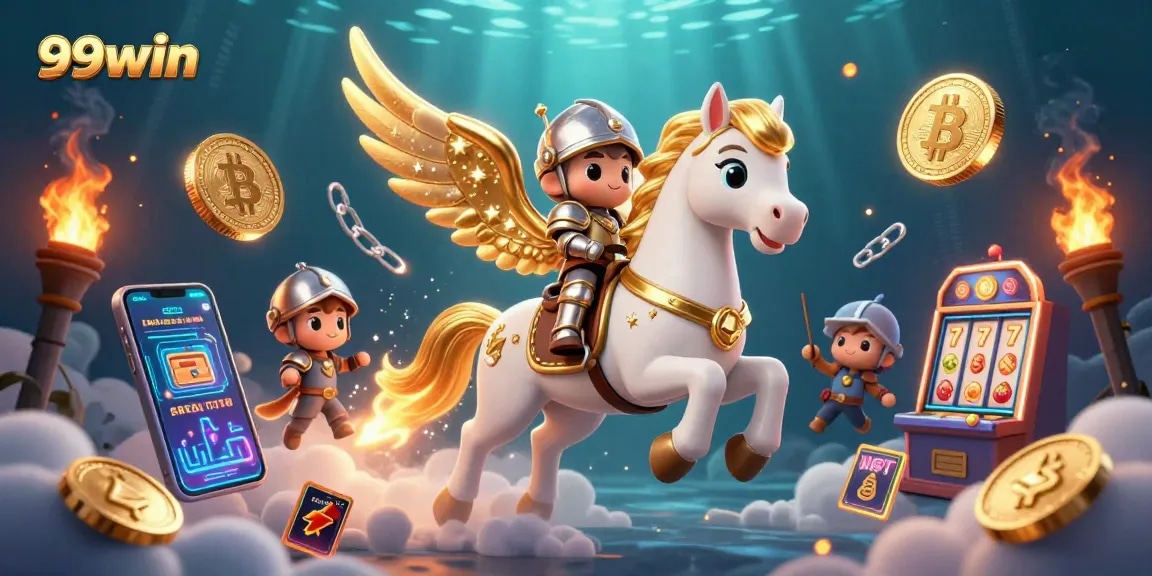 Experience thrilling gameplay with 99win in a vibrant casino scene filled with crypto coins and slot machines.
