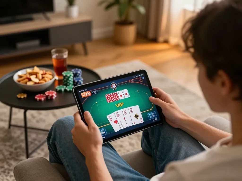 Engaging with rik vip on a tablet during a cozy home gaming session with cards and chips