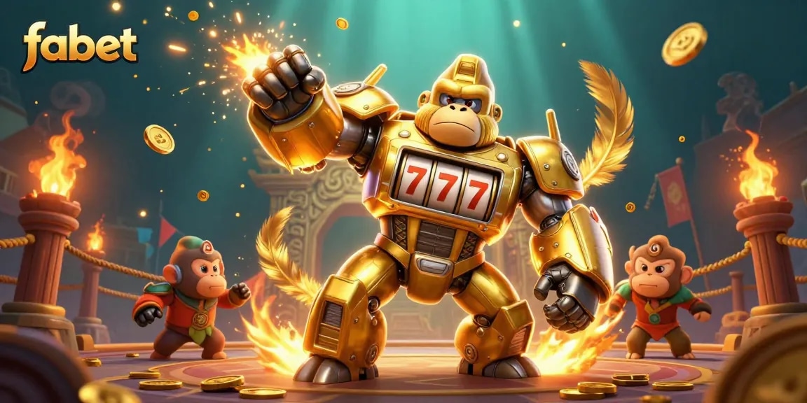 Experience fabet with a dynamic illustration of a golden gorilla mech showcasing winning slots!