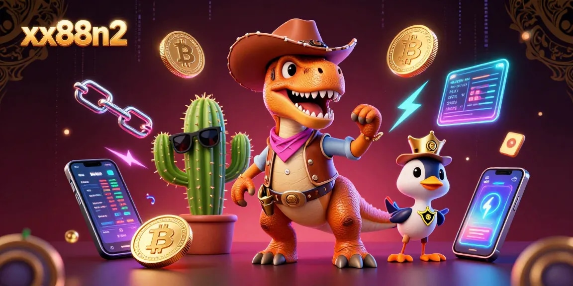 xx88n2 illustrates a dynamic casino scene with a T-Rex character surrounded by crypto coins and gaming tokens.