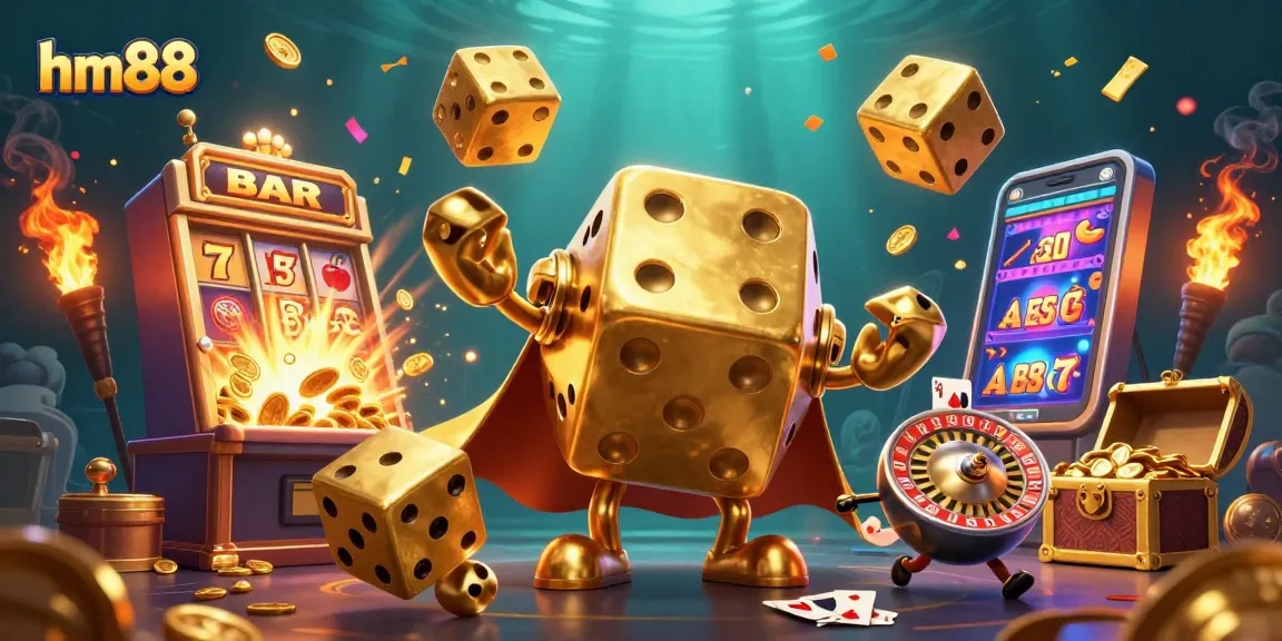 Spin to win with hm88's captivating golden dice golem in a vibrant casino scene.