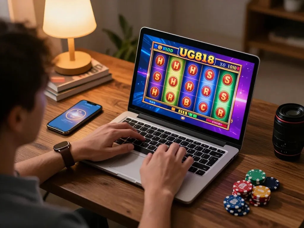 Person enjoying an online slot game from ug88, showcasing vibrant reels and cozy environment.