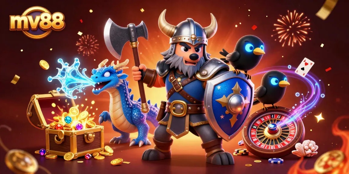 Engage with MV88's vibrant online casino world through epic 3D illustration featuring dynamic characters.