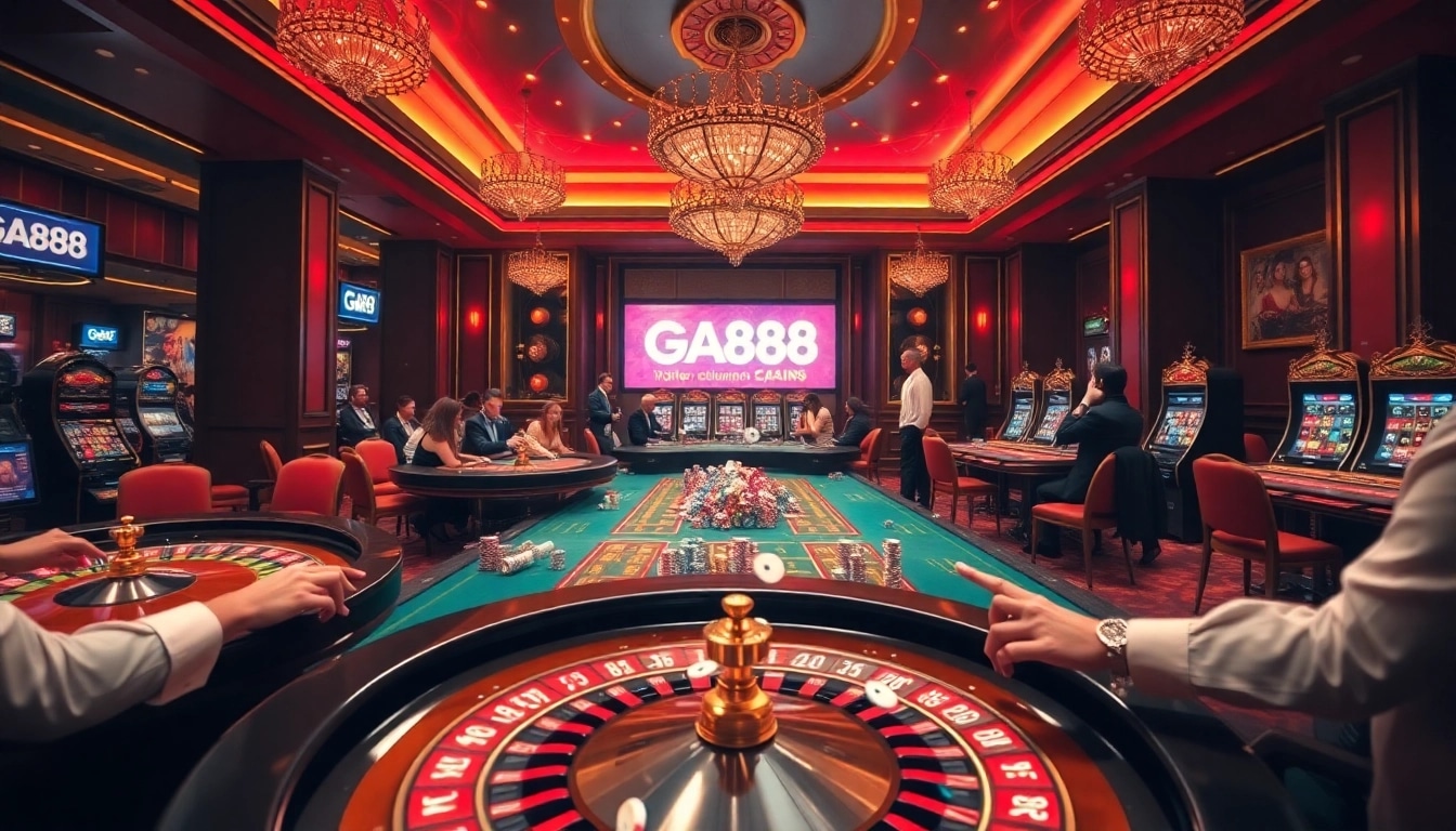 Intense betting action at GA888 Casino showcasing roulette and poker.