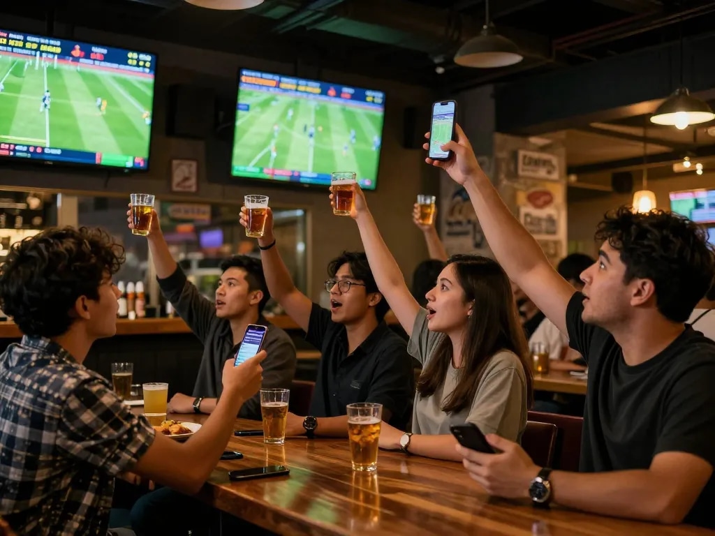 Excited bettors reviewing tỷ lệ kèo nhà cái hôm nay while enjoying a live sports match at a lively bar.