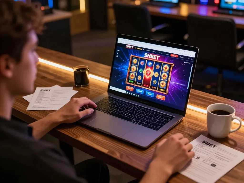 SHBET online slot game interface displayed on a stylish laptop in a cozy gaming setup