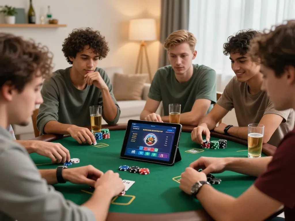 Friends enjoying a lively poker game on the NK88 app displaying a vibrant tablet interface.