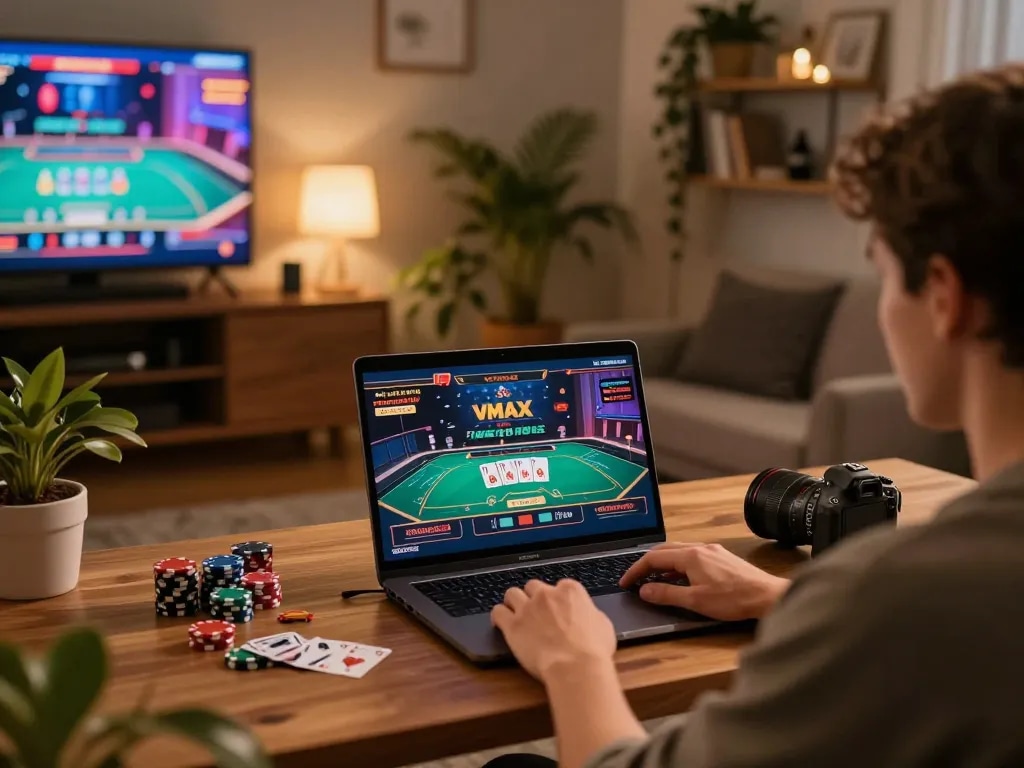 Person engaging in online casino gaming on the VMAX platform with lively atmosphere and warm lighting.