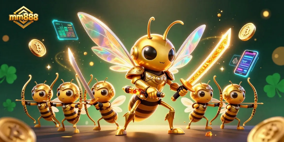 Engage with mm888 in an action-packed casino scene featuring dynamic 3D characters and cryptocurrency elements.