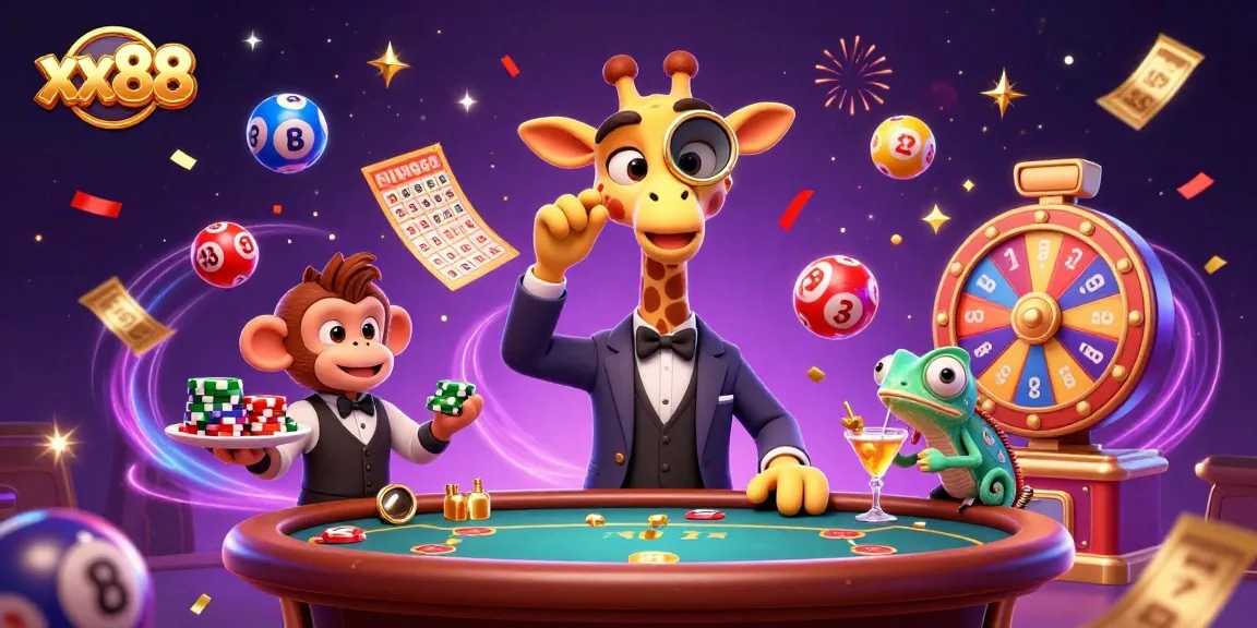 Win big with xx88 as a giraffe high-roller, monkey valet, and chameleon bartender celebrate in a vibrant casino scene.