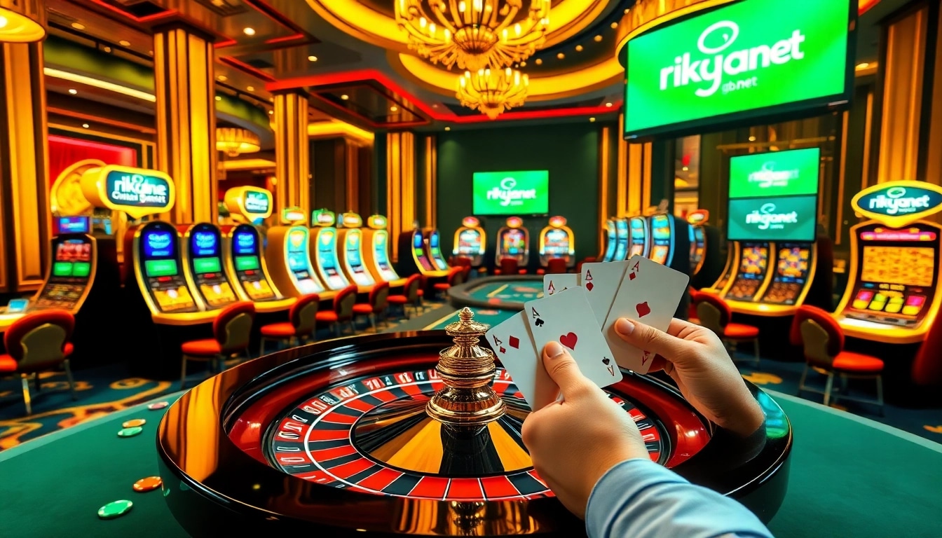 Gamblers enjoying an exciting game at rikvip.gb.net with vibrant casino tables and digital interfaces.