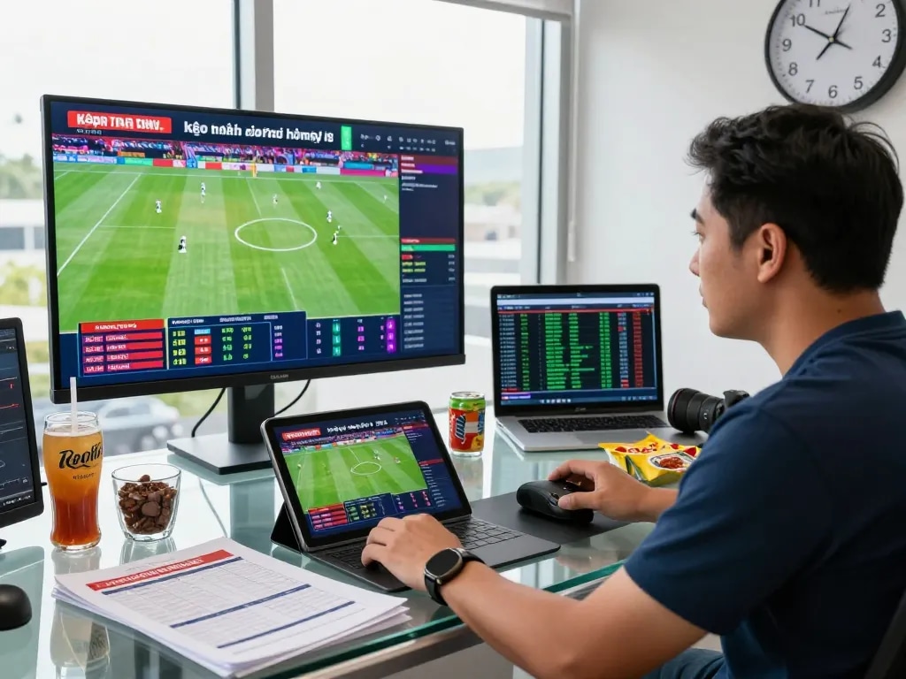 Enthusiastic sports analyst reviewing kèo nhà cái hôm nay updates at a modern workspace with live game data.