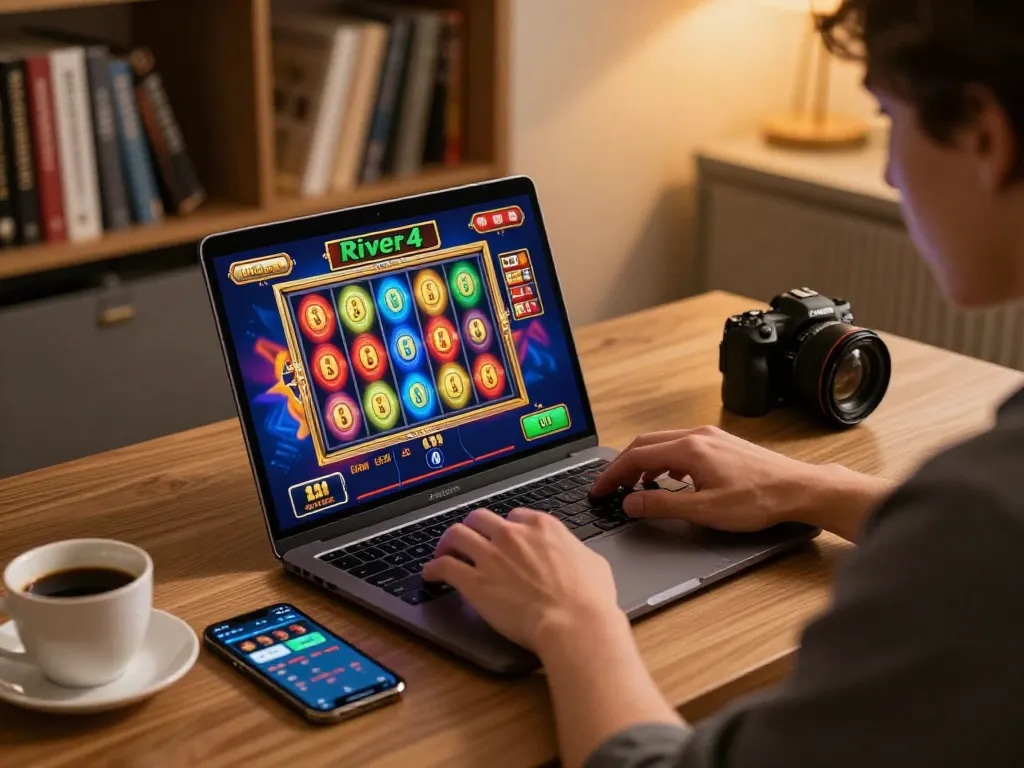 Engaging in river4-themed slot games at home, showcasing online gaming excitement and responsible betting.