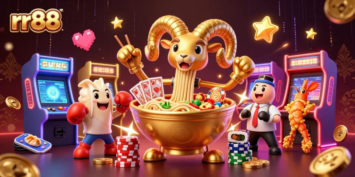 Experience the thrill of rr88 with an energetic casino-themed 3D illustration featuring colorful game elements and character interactions.