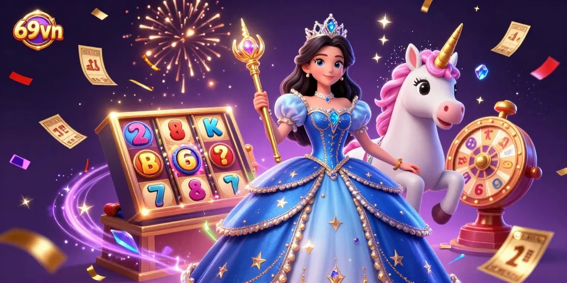 Engage with 69vn's thrilling casino experience featuring a glamorous woman and a unicorn amid colorful symbols and confetti.