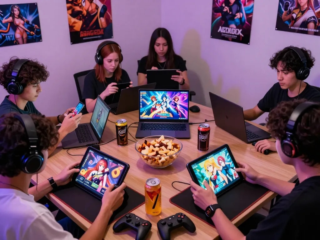 Players enjoying engaging porn games on various devices in a cozy gaming room setting.