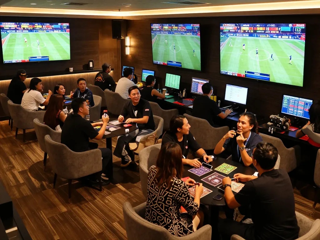 Engaging in sports betting action at 33win, with lively bettors and vibrant screens.